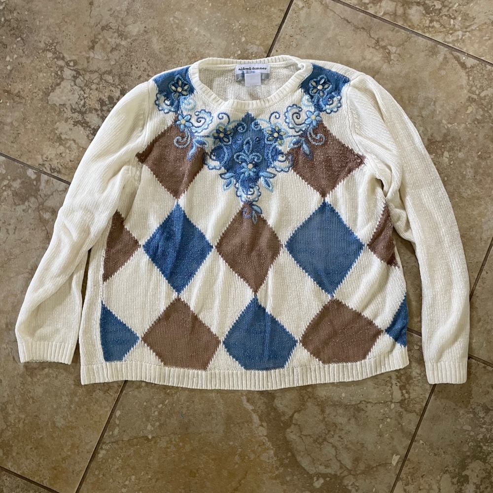 Alfred Dunner Petite PS Argyle Chenille Sweater Blue Brown Embroidered Beaded